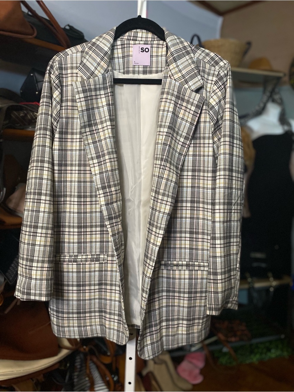 SO Plaid Blazer in Cream, Gray & Black